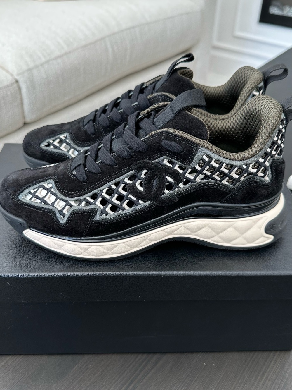 CHANEL Black Suede with White Quilted Cut-Out Detailing Sneakers, Authentic